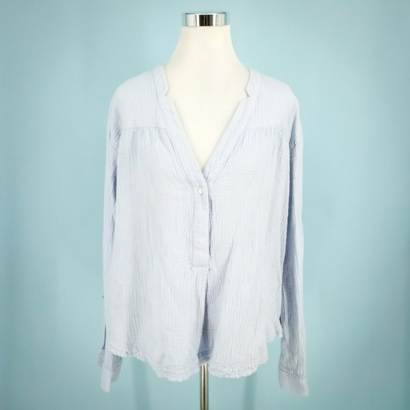Free People Size Large L Blue Cotton Gauze V Neck Button Changing Horizons Top - Picture 1 of 8